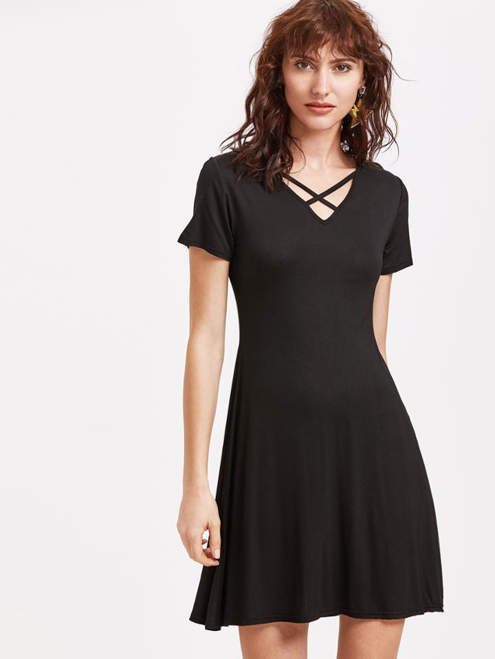 Shein Black V Neck Criss Cross Tee Dress