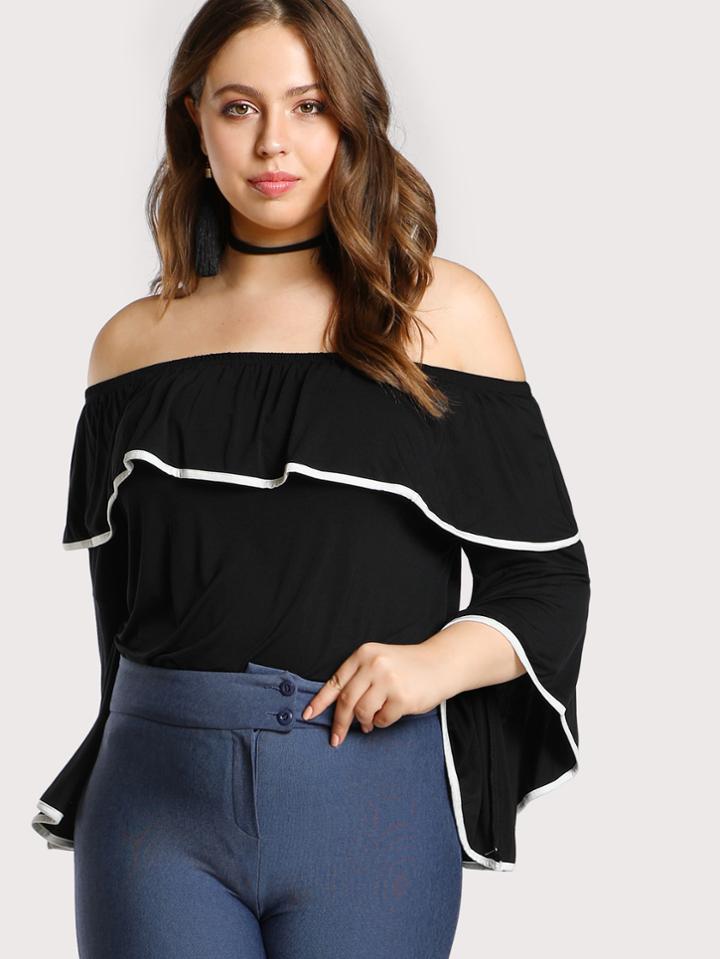 Shein Contrast Binding Flounce Bardot Tee