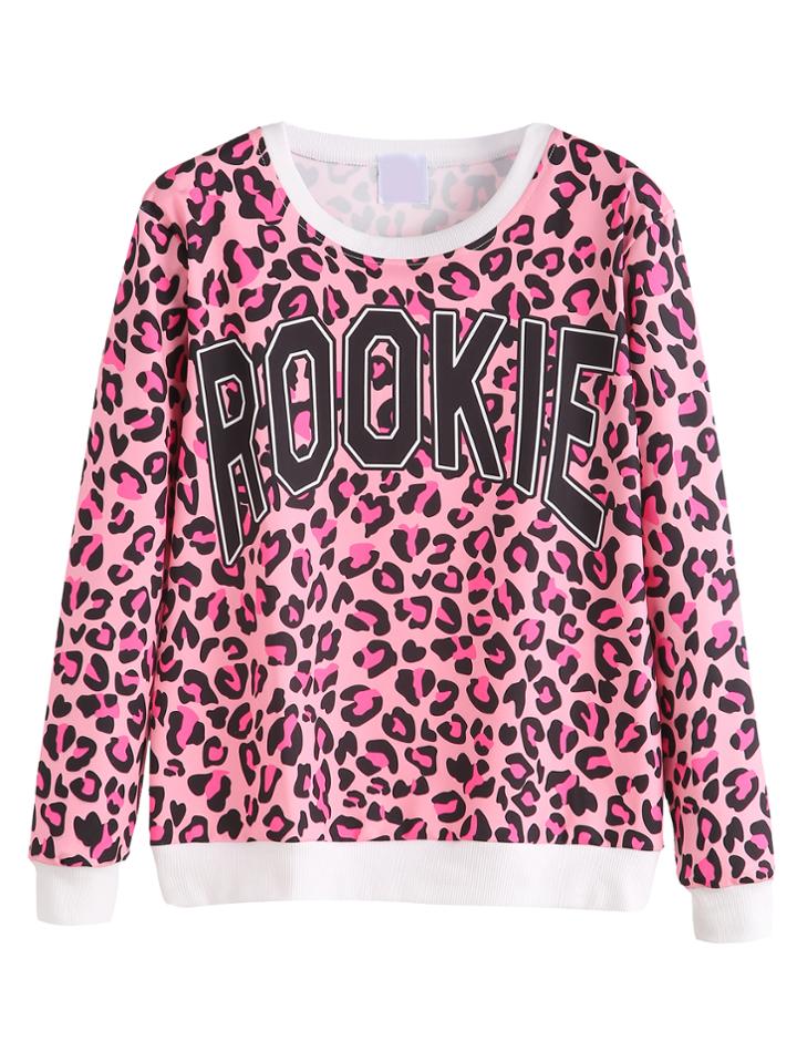 Shein Contrast Trim Leopard And Letter Print Sweatshirt
