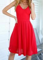 Rosewe Open Back Solid Red A Line Dress