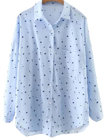 Shein Blue Star Print Dip Hem Blouse