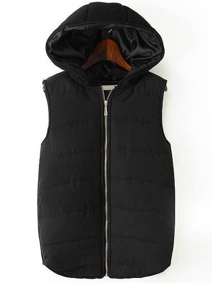 Shein Black Hooded Zipper Casual Vest