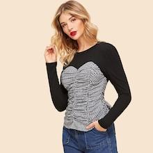 Shein Ruched Detail Gingham Contrast Tee
