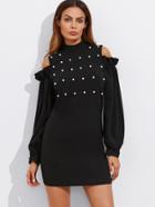 Shein Frilled Open Shoulder Pearl Beading Tee Dress
