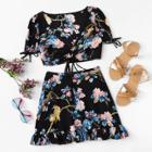 Shein Keyhole Front Crop Floral Top & Ruffle Skirt Set