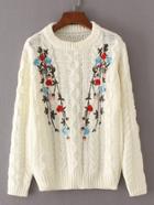Shein Embroidered Flower Cable-knit Jumper Sweater