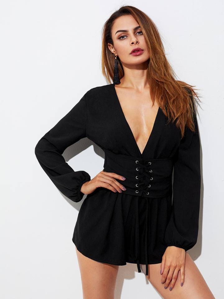 Shein Corset Belt Detail Lantern Sleeve Plunging Romper