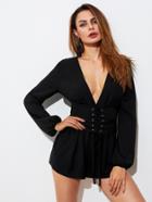 Shein Corset Belt Detail Lantern Sleeve Plunging Romper