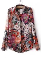 Rosewe Pretty Turndown Collar Long Sleeve Floral Chiffon Shirt