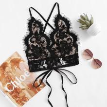 Shein Eyelash Lace Overlay Criss Cross Tie Back Bra