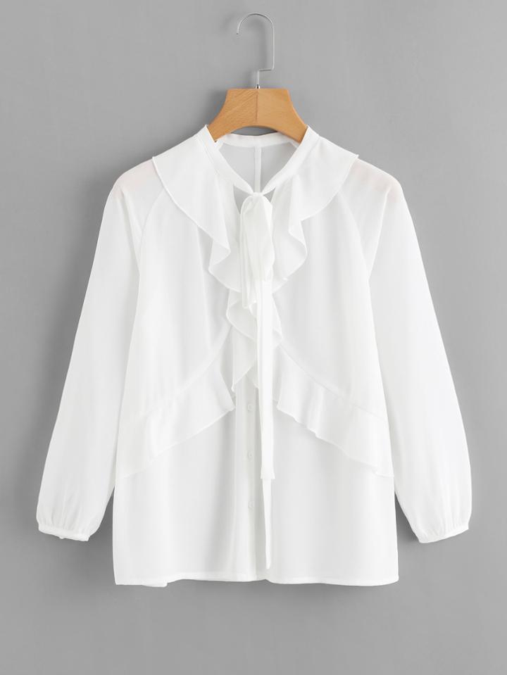 Shein Ruffle Trim Tie Neck Chiffon Blouse