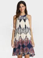 Shein White Sleeveless Halter Beauty Tribal Print Dress