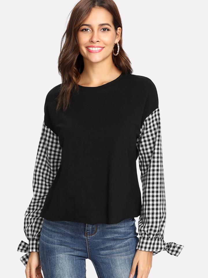 Shein Contrast Gingham Sleeve Sweatshirt