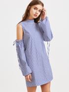 Shein Blue Striped Open Shoulder Ruffle And Drawstring Sleeve Dress