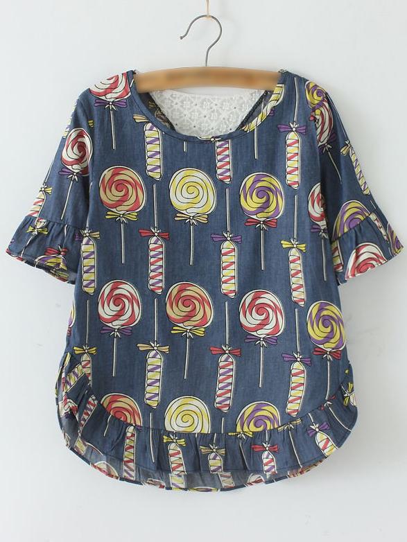 Shein Multicolor Ruffle Crochet Back Lollipops Print Blouse