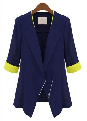 Rosewe Navy Blue Half Sleeve Turndown Collar Blazers With Zip