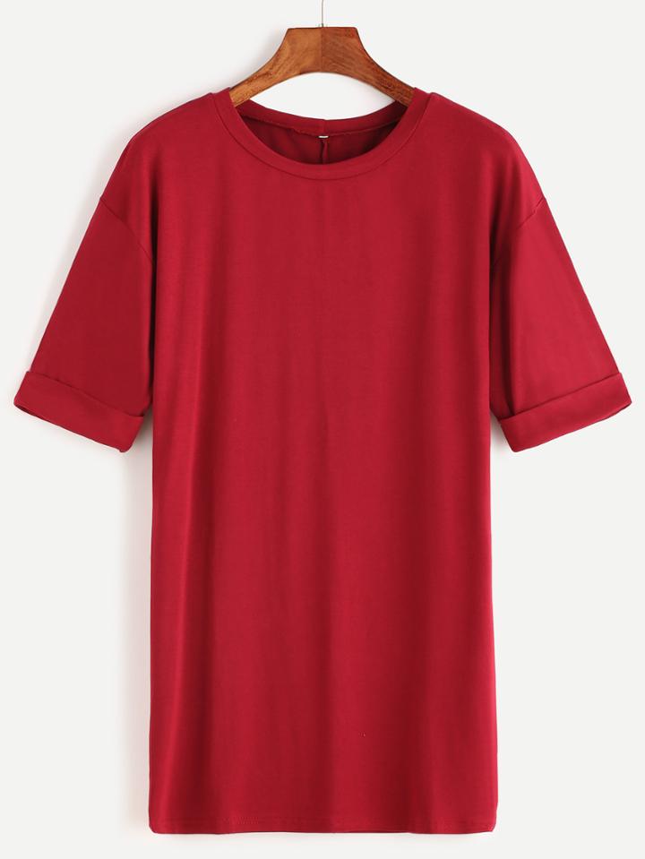 Shein Burgundy Short Sleeve Roll Cuff T-shirt