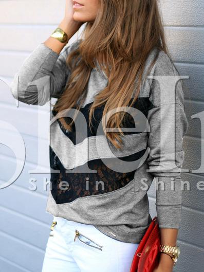 Shein Grey Crew Neck Contrast Lace T-shirt