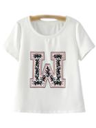 Shein White Short Sleeve Letter Embroidery Casual T-shirt