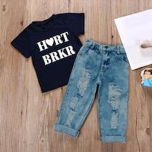 Shein Toddler Boys Letter Print Tee With Destroyed Jeans
