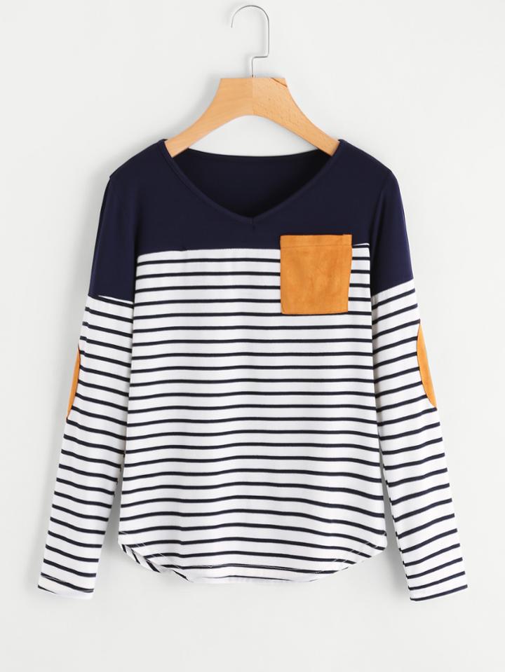 Shein Striped Elbow Patch Curved Hem T-shirt