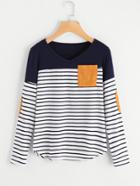 Shein Striped Elbow Patch Curved Hem T-shirt