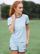Shein Embroidery Blue Contrast Trimmed T-shirt With Shorts Suits