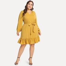 Shein Plus Waist Belted Ruffle Hem Solid Dress