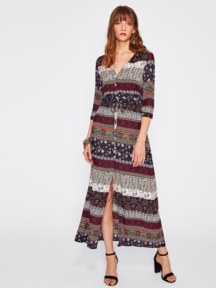 Shein Vintage Print Tie Waist Shirt Dress