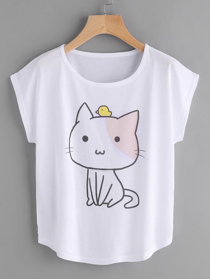 Shein Cat Print Curved Hem Tee
