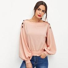 Shein Button Detail Lantern Sleeve Pullover