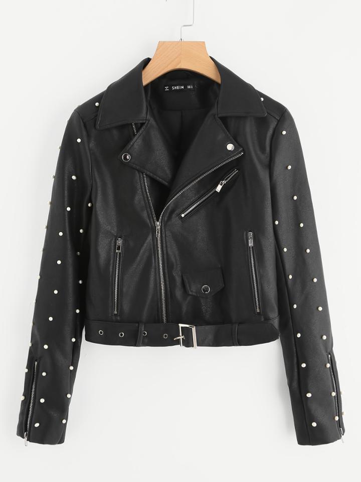 Shein Belted Hem Rivet Detail Faux Leather Biker Jacket