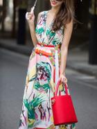 Shein Multicolor V Neck Sleeveless Backless Floral Print Dress