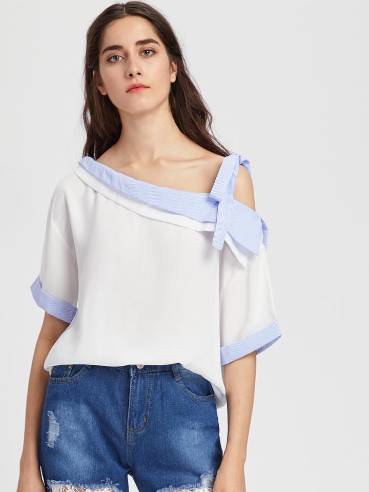 Shein Asymmetrical Cold Shoulder Contrast Pinstripe Cuffed Top