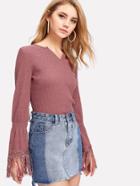 Shein Fringe Sleeve V Neck Tee