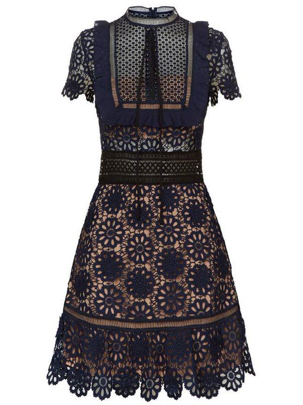 Shein Navy Tie Neck Crochet Hollow Out Dress