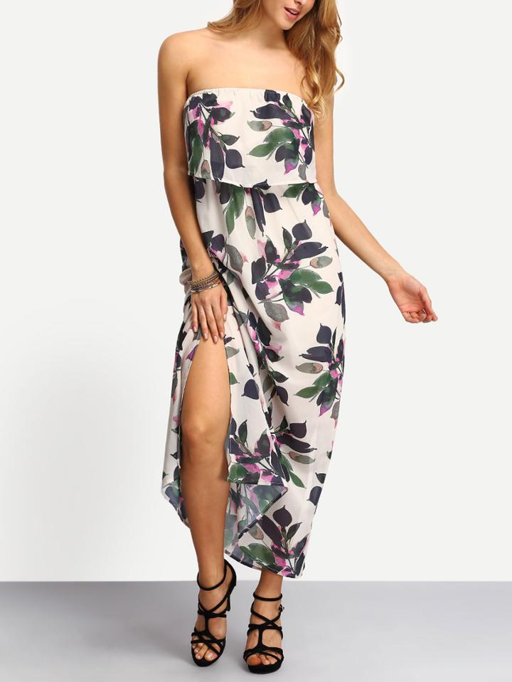 Shein Flower Print Ruffle Slit Bandeau Dress