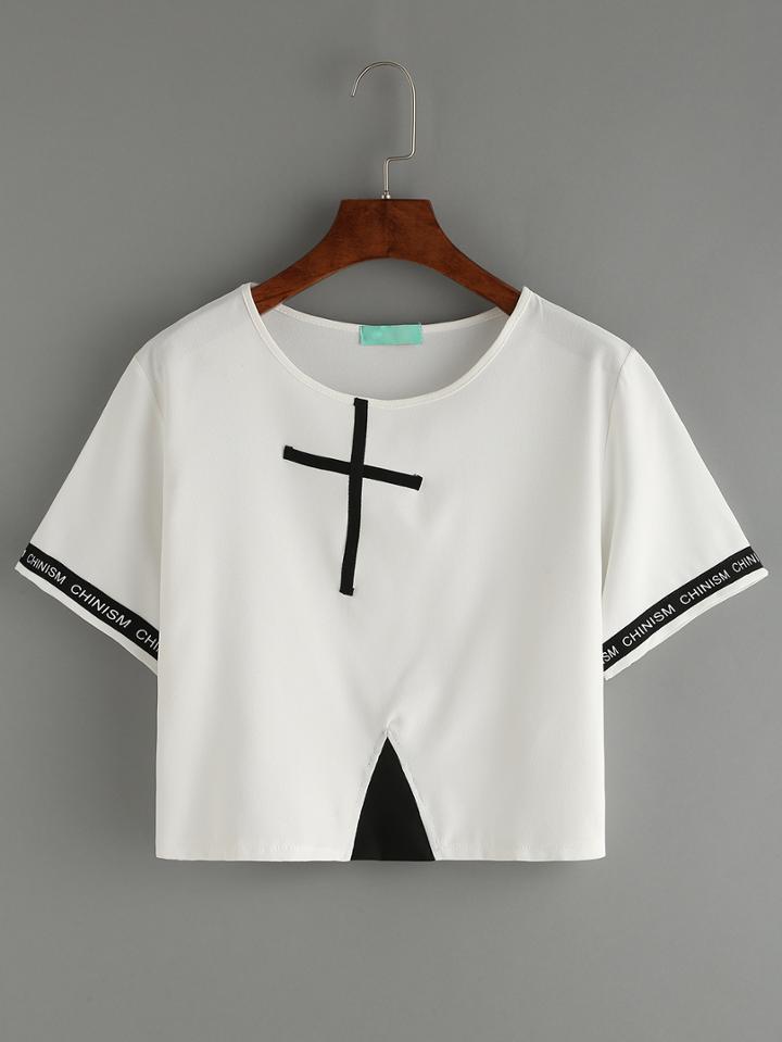 Shein Cross Patch Woven Tape Embellished Crop T-shirt - White