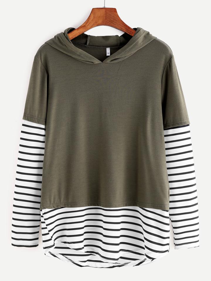 Shein Contrast Striped Hooded 2 In 1 T-shirt