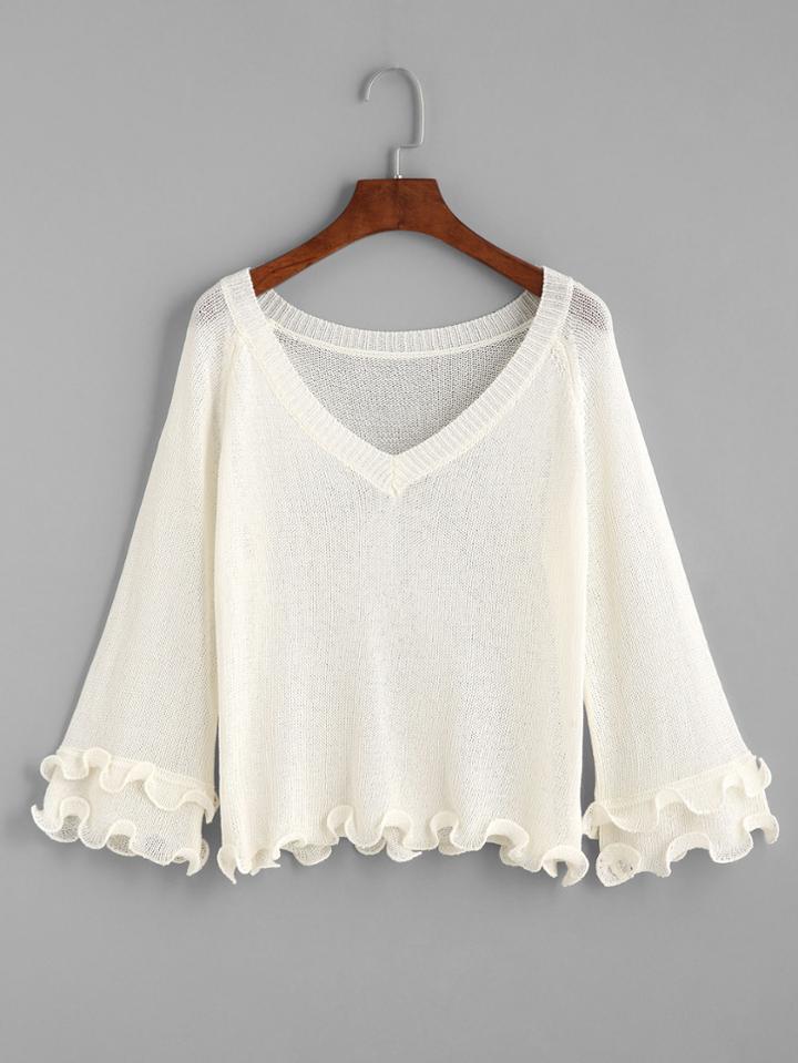 Shein White V Neck Ruffle Hem Sweater