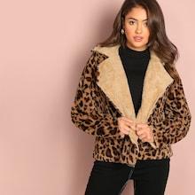 Shein Exaggerate Notch Collar Leopard Teddy Jacket