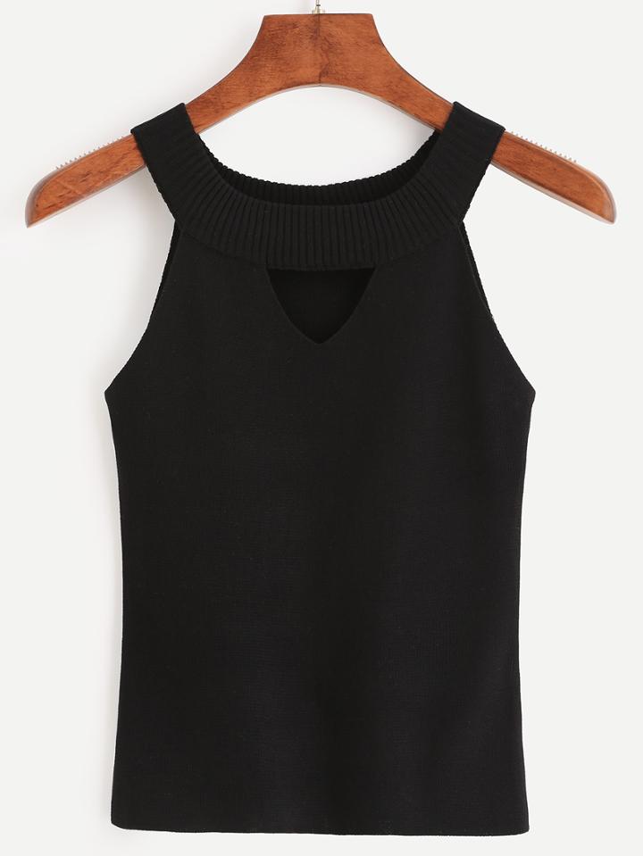 Shein Black Ribbed Neck Cutout Knitted Top