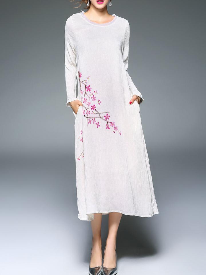 Shein White Pockets Flowers Print Shift Dress