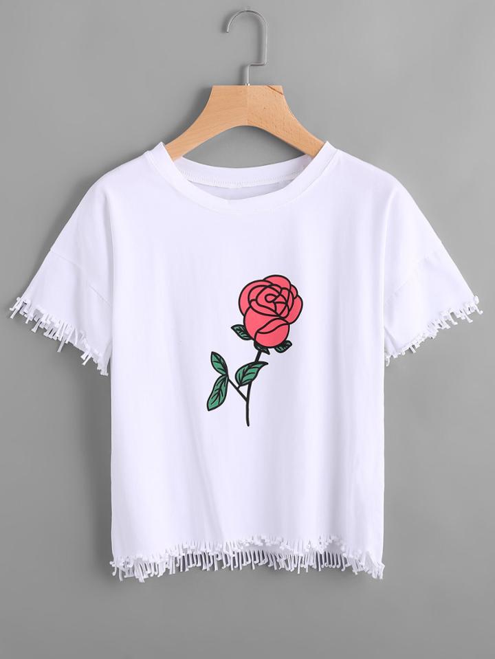 Shein Rose Print Fringe Hem Tee