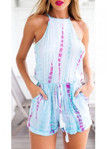 Rosewe Cutout Back Drawstring Waist Blue Romper
