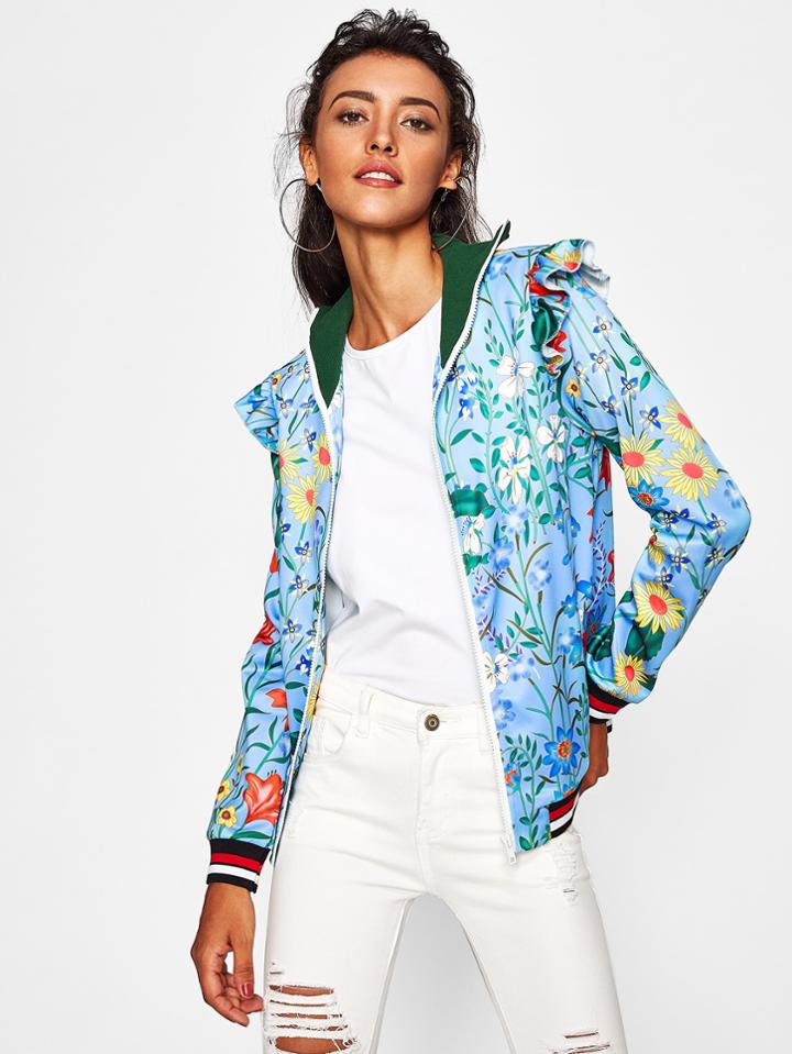 Shein Striped Trim Frilled Botanical Jacket