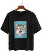 Shein Little Cat Print Black T-shirt