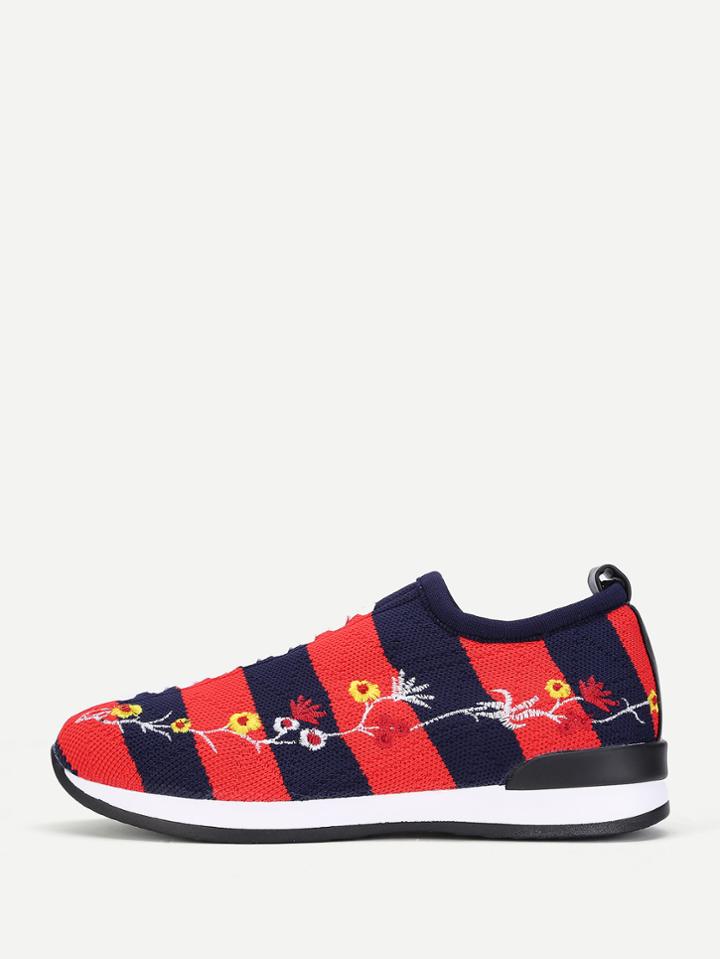 Shein Flower Embroidery Striped Knit Sneakers
