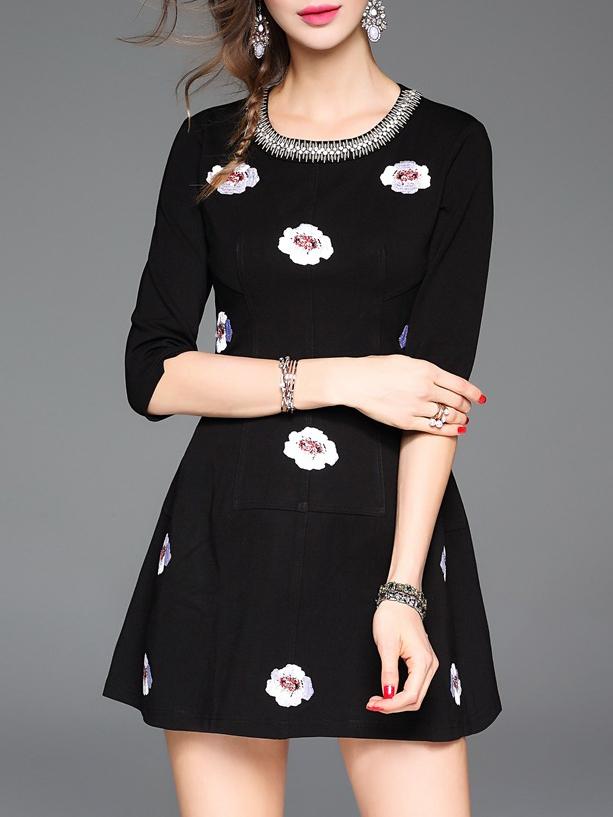 Shein Black Flowers Print Pockets A-line Dress