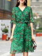 Shein V Neck Bell Sleeve Leaves Print Dress